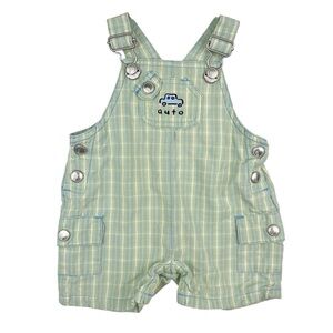 Vintage Gymboree Green Plaid Overalls Auto Blue Car Size 0-3 Months